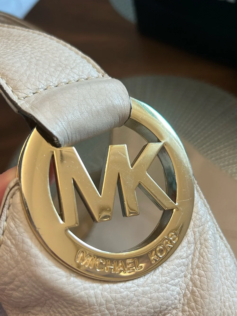 Michael Kors Beige Leather Shoulder Hobo Bag with Gold MK Logo